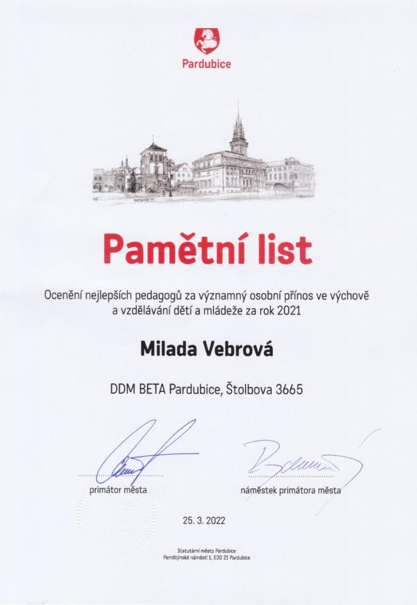 Pamětní list Míša Vebrová